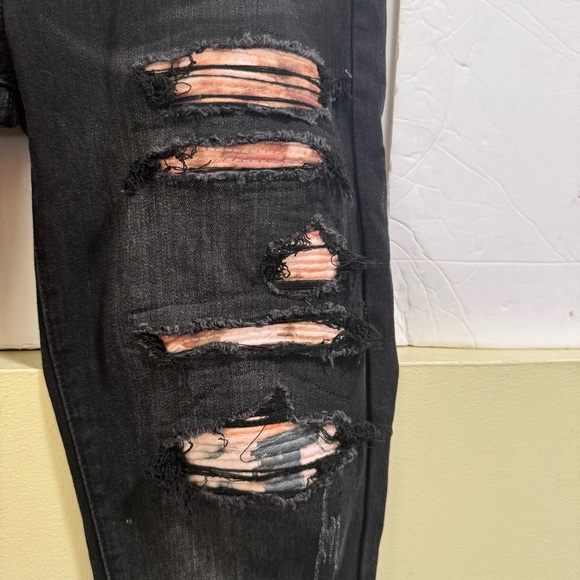 Amiri Thrasher Jean Aged Black Jeans Distressed Leather Trim Zip Pant Logo 29 30 - Picture 10 of 16